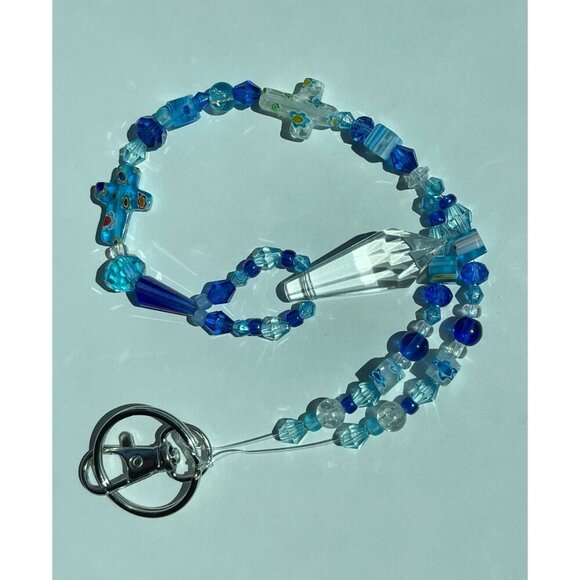 Beaded Suncatcher Rearview Mirror Ornament Cross Blue Crystal Prism Car Charm - Picture 7 of 10